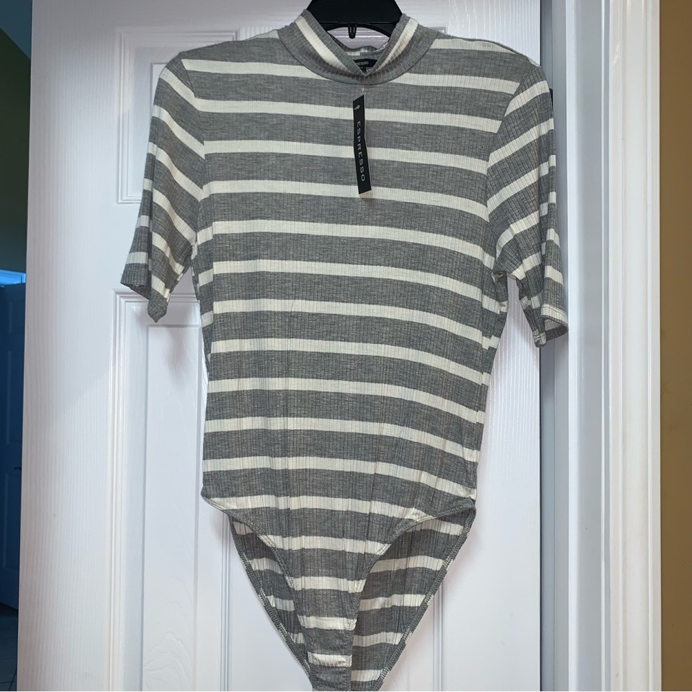 Espresso body suit, grey/white, size large. NWT